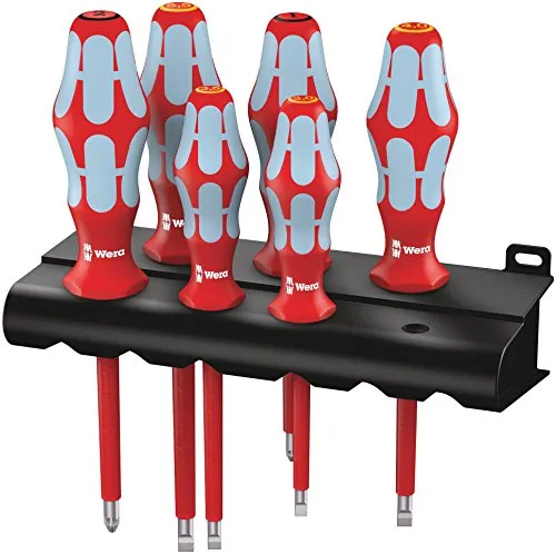 Wera 3165 i/6 Schraubendrehersatz, Edelstahl + Rack, 6-teilig - Schraubendreher-Sets mit isolierten VDE Edelstahlklingen für sicheres Arbeiten bis 1.000 Volt und ergonomischem Griff für hohe Arbeitsgeschwindigkeit.