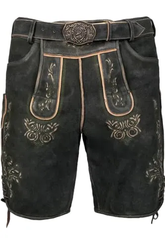 Edelnice Trachtenmode Lederhose Friedl dunkel mit grüner Stickerei - Trachtenlederhose aus edlem Wildbockleder, mit traditioneller grüner Stickerei und praktischer Messertasche – ideal für Oktoberfest und Volksfeste.
