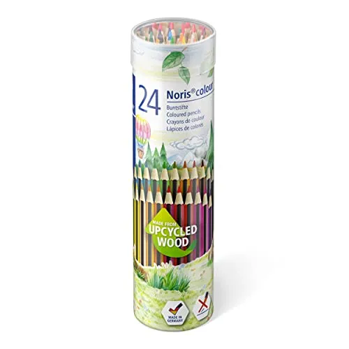STAEDTLER Buntstifte Noris colour, rutschfeste Soft-Oberfläche, hohe Bruchfestigkeit, Made from Upcycled Wood, intensive Farben, Sechskantformat, 24 Farbstifte in Metallrunddose, 185 MD24