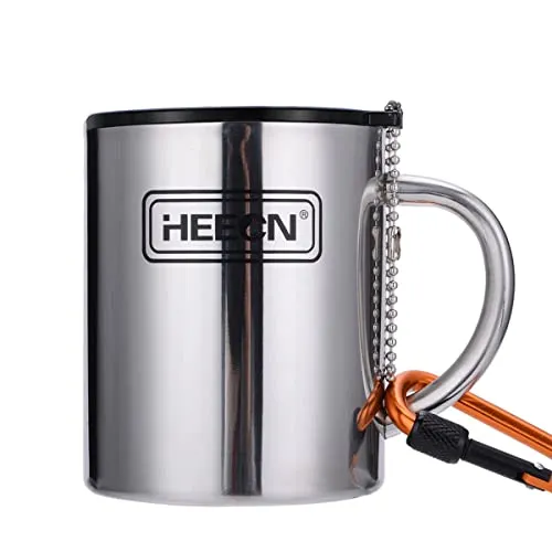 HEECN® Camping Becher mit Deckel und Karabiner – Edelstahl Thermo Kaffeebecher (330 ml)