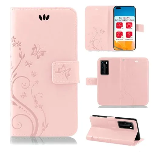 betterfon Hülle Kompatibel mit Huawei P40 Pro | Premium PU Leder Handyhülle Wallet Case für P40 Pro | Schutzhülle Blumen Klapphülle Handyhülle | Rosegold