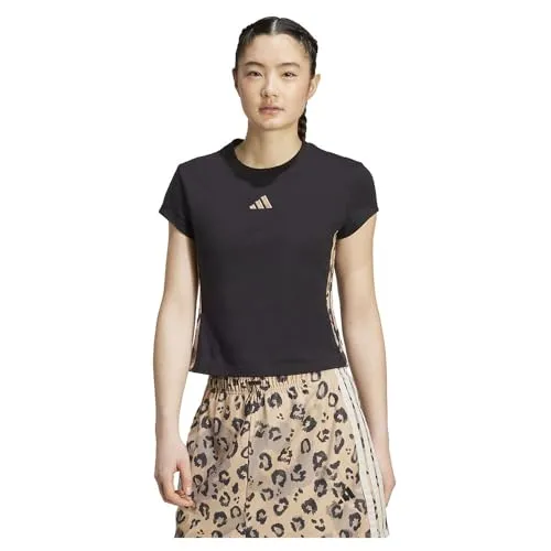 adidas Sportswear T-Shirt W AOP TEE schwarz XL (46/48) - Sportliches Damen-T-Shirt aus 93% Baumwolle, ideal für aktive Tage. Slim Fit für eine perfekte Passform und stylisches Design in Schwarz mit multicolor Akzenten.