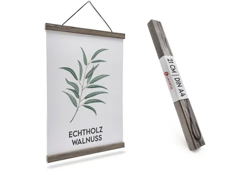 LIKARTO Premium-Posterleiste Holz Walnuss A4 | 21 cm - Hochwertige magnetische Bilderleiste aus Echtholz inklusive Lederband - Einfaches Bilder aufhängen