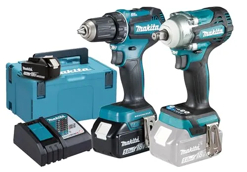 Makita 18V Akku-Kombo-Kit DLX2452TJ - Akkuschrauber Set mit bürstenlosen Motoren, 2x 5,0 Ah Akkus und Schnellladegerät, ideal für den professionellen Einsatz in Kfz-Werkstätten.