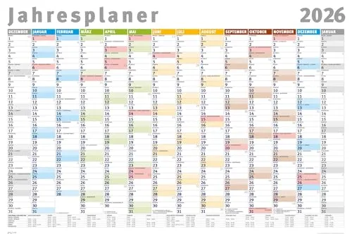 Poster MB 13 - Jahresplaner 2026 - Großer Wandplaner 2026 im XL-Format 61 x 91,5 cm, gedruckt auf hochwertigem Bilderdruckpapier mit deutschen Feiertagen und Ferien. Perfekt für eine übersichtliche Terminplanung!