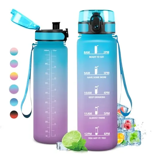 Trinkflasche 1L Kohlensäure Geeignet, Sport Trinkflasche mit Zeitmarkierungen, Sportflasche Auslaufsicher, Wasserflasche für Kinder, Erwachsener, Schule, Gym, Büro, Fahrrad, Ciclismo, Outdoor