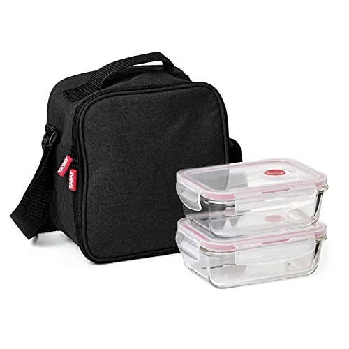 TATAY Kühltasche Klein - Urban Food Casual Glass 3,5L | 2 x 0,57L Glasbehälter | Wasserdicht | Dreifach-Isolierung | Halbsteifes Gehäuse | Innentasche | 22x12x21,5 cm, Schwarz