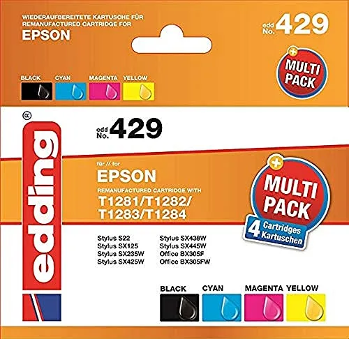 edding Tintenpatronen Multipack EDD-545, kompatibel zu Epson T1285 (T1281+T1282+T1283+T1284), Black/Cyan/Magenta/Yellow - 1x 4,5 ml + 1x 3,5 ml