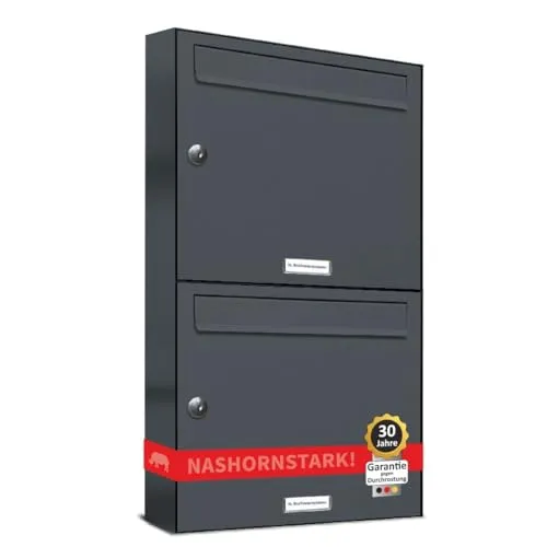 AL Briefkastensysteme 2er Briefkastenanlage Anthrazit Grau RAL 7016 - Wandbriefkasten für Mehrfamilienhäuser, hochwertiger Stahlblech mit Doppelwandsystem, lebenslange Garantie gegen Durchrostung und Geräuschdämmung durch verstärkte Einwurfklappen.