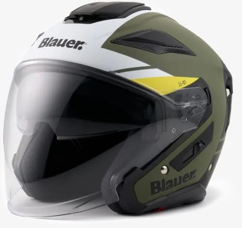 Blauer JJ-01 Jethelm, grün matt, M (56/58) - Moderner Jethelm mit herausnehmbarem Innenfutter und Kratzfestem Visier. Ideal für sicheren Fahrspaß auf dem Motorrad. ECE-zertifiziert und leicht im Gewicht.