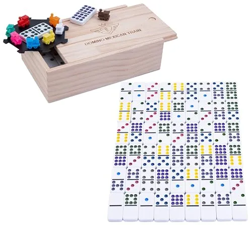 Engelhart Mexikanischer Domino-Zug – Premium Kompaktversion mit 55 Dominosteinen - Domino-Spiel für 2-4 Spieler, ideal für die ganze Familie. Mit bunten Lokomotiven und dicken Dominosteinen in einer hochwertigen Holzkiste – Spaß für Groß und Klein!