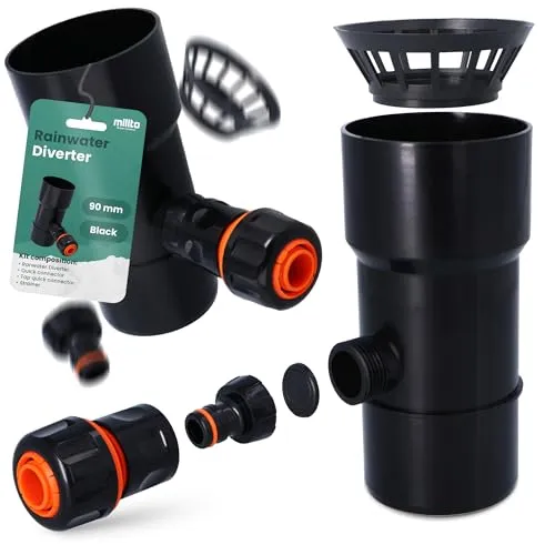 Millto™ Dachrinnenablauf für Regentonne DN Ø90 mm Schwarz | Regenwasser Regentonne Fallrohr Regensammler Speedy Regenwassersammler für Fallrohre Fallrohrfilter Gartenschlauch Anschluss Schnellkupplung