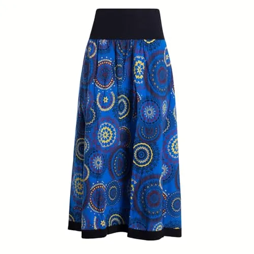 Vishes Langer Damen Herbstrock mit Mandalas in Blau - Handgefertigt aus 100% Baumwolle - Maxi-Damenrock im Hippie-Stil, 95 cm lang und mit elastischem Bund für optimalen Sitz. Ideal für jede Jahreszeit und handgefertigt in Nepal – eine stilvolle, nachhaltige Wahl für modebewusste Frauen.
