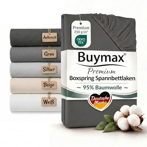 Buymax Boxspringbett Spannbettlaken Anthrazit 90x200 bis 100x220 cm – Premium Jersey 250 g/m² - Ideal für hohe Matratzen bis 35 cm, sorgt das Spannbettlaken für einen faltenfreien Sitz. Hergestellt aus 95% Baumwolle und 5% Elastan für ein angenehmes Schlafgefühl. Pflegeleicht, waschbar bei 60°C und trocknergeeignet.