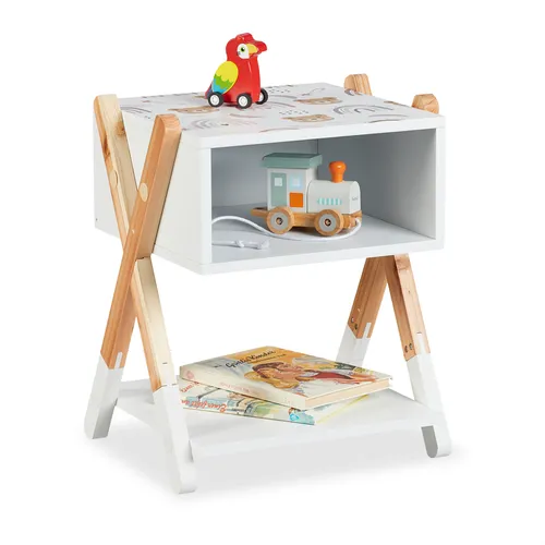 Nachttisch Kinderzimmer - Skandinavische Nachtkonsole - Skandinavischer Nachttisch für Kinderzimmer, offen und praktisch, ideal für kleine Räume, Maße: 34x30x42 cm, robust aus Faserplatte und Holz.