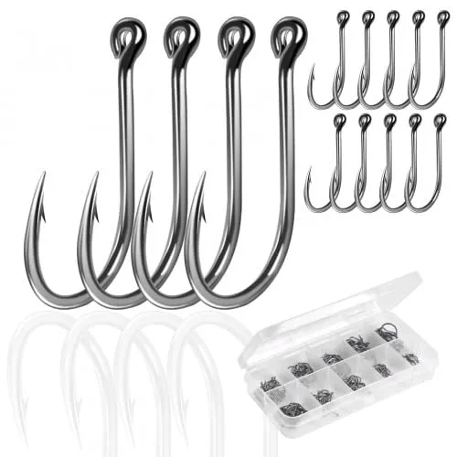 Jinlaili 200Stück Angelhaken,10 Größen Seefischerhaken,Dauerhaft Angeln Haken mit Widerhaken,Kohlenstoffstahl Karpfen Angelhaken,Angelzubehör für Fange von Fischen, Mit Transparenter Aufbewahrungsbox