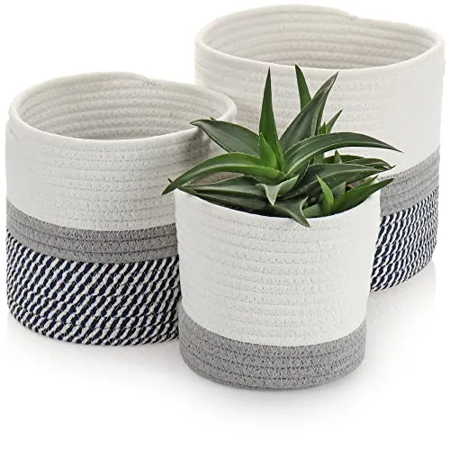 com-four® 3-teiliges Korb-Set - Deko-Korb aus Stoff mit Haltegriffen - runde Aufbewahrungsboxen, Stoff-Körbe - Deko-Übertopf - Organizer (3tlg. - blau. grau)