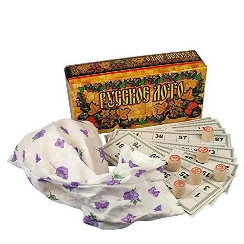 Russisches Lotto (Loto) Spielset mit Holzfiguren Bingospiel Familienspiel Bingo Russian