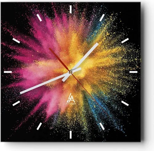 Wanduhr - Quadrat - Glasuhr - Bunt Staub Explosion - 30x30cm - Schleichendes Uhrwerk - Lautlos - zum Aufhängen bereit - Dekoration Modern - Wanddekoration aus Glas - C3AC30x30-4529