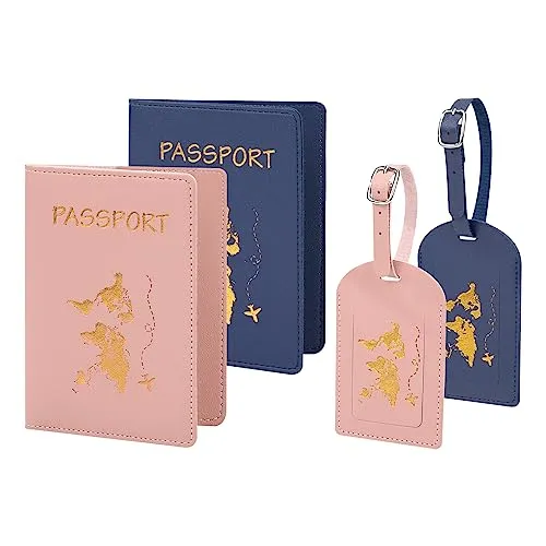 Reisepasshülle und Gepäckanhänger Set, PU Leder Kofferanhänger mit Adressschild für Gepäck Koffer Tasche, Reisepasshalter für Paare Hochzeitsreise Geschenk (Dunkelblau + Rosa)