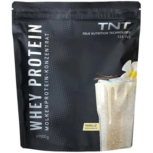 TNT Whey Protein - Vanille Molkenprotein-Konzentrat - Whey Kategorie, ideal für Muskelaufbau und Diät, proteinreich mit 75,3g Eiweiß pro 100g und leckerem Vanillegeschmack.