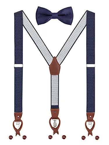 Herren Hosenträger Fliege Set 2 WAY TO WEAR 6 Leder Knopfloch 3 Clips Y-Form 3,5cm Breit Verlängerte Hosenträger für Körpergröße 160-200cm - Gepunktet Navy Blau