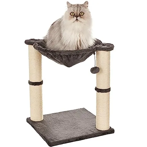 Amazon Basics Katzen-Kratzbaum mit Haus und Hängematte - Aktivitätskratzbaum mit Plüsch-Hängematte und zwei Kratzstämmen, ideal zum Entspannen und Krallenpflege Ihrer Katze, schützt Möbel vor Schäden.