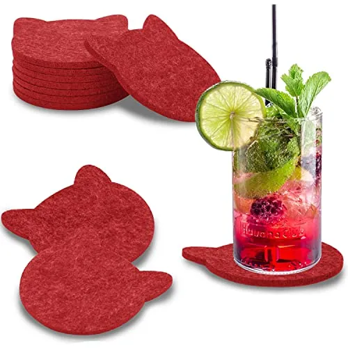 wortek Filz Untersetzer Gläser Dunkelrot in Katzenform – 8er Set Glasuntersetzer für Getränke, Tassen, Bar, Glas - Ø 10cm Tischuntersetzer waschbare Filzuntersetzer Gläser Glas Untersetzer-Set