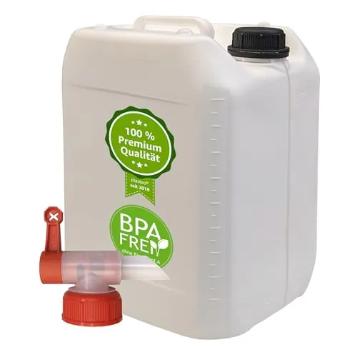 plasteo® 10 Liter Kanister weiss mit Sichtstreifen + Kanisterhahn (DIN 45)