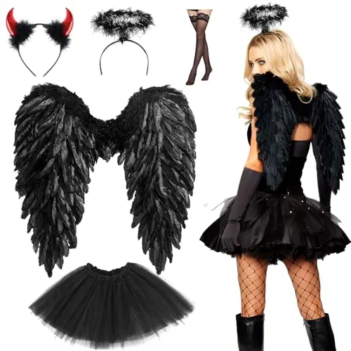 Schwarzer Engelsflügel mit Heiligenschein, 5 Stück Schwarzer Engel Kostüm Damen mit Tutu-Rock, Teufelsohren und Strümpfe für Halloween Karneval Cosplay Party Fasching Kostümparty Verkleidung
