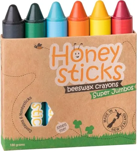 Honeysticks Super Jumbo Buntstifte (6er-Pack) – Wachsmalstifte Ab 2 Jahre, Wachsmalstifte Baby Ungiftig, Leuchtende Farben, Unzerbrechlich, Extra Groß, aus Natürlichem Bienenwachs, Umweltschonend