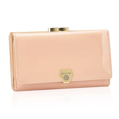 BETLEWSKI Damen Geldbörse Echtleder – Shiny – Mittelgroß – Lackiertes Leder – 13 Kartenfächer – RFID Schutz (Pulver)