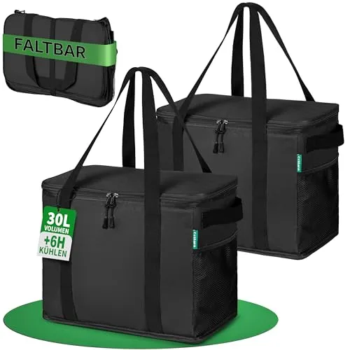 Cottara® Kühltasche Gross 2er Set aus recyceltem Material – Kühltaschen faltbar groß mit verstärktem Boden – Extra Stabil ideal als Einkaufstasche, Isoliertasche, Thermotasche Kühlbox 30l