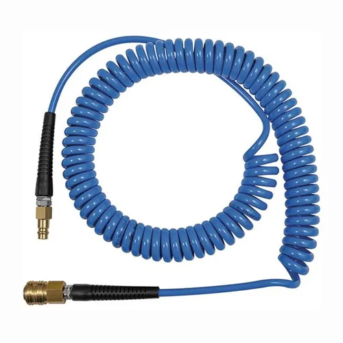 Spiralschlauch-Standardkupplung-Set, PU, 7,5 m - Druckluftzubehör mit hochflexiblem Polyurethanschlauch, der weniger zur Schleifenbildung neigt und eine hohe Abriebfestigkeit bietet. Ideal für empfindliche Oberflächen.