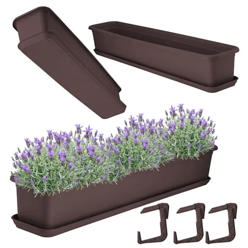 KADAX Blumenkasten 80 cm mit Untersatz und Halterung, Braun – Balkonkasten aus Kunststoff, Pflanzkasten für Innen- und Außenbereiche, Blumentopf für Balkon