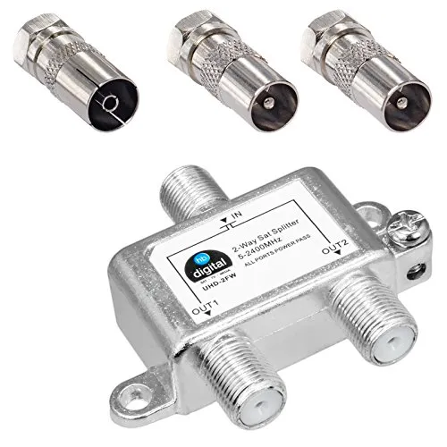 HB-DIGITAL SAT - BK - UKW - Verteiler 2-Fach Splitter (2-Wege) 5-2400 MHz | digital & analog - tauglich | voll geschirmt SAT DVB-S DVB-S2 Kabelfernsehen DVB-C inkl. Antennen und Kabel IEC Adapter