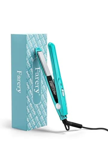 Farery Mini-Haarglätter, Keramik-Mini-Glätteisen für kurzes Haar/Locken, Pony, leicht und tragbar, kleine Glätteisen, weltweite Spannung für Reisen, Aufbewahrungstasche, blau