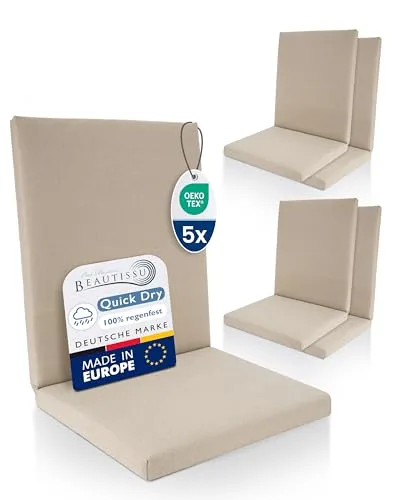 Beautissu 5er Set Premium Niedriglehner Auflage 100% Wasserdicht 100x50cm – UV-beständig Bequem Pflegeleicht Waschbar Sitzkissen Gartenstuhl – Polsterauflage Gartenmöbel Stuhlauflage Beige