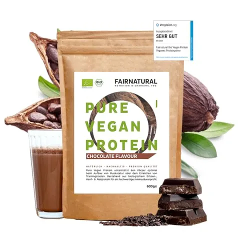 Fairnatural VEGAN Protein-Pulver BIO Schoko - 600g - Erbsenproteine, 100% natürliches veganes Protein ohne Soja oder chemische Zusätze, ideal für Muskelaufbau und Low Carb Diät, nachhaltig aus Deutschland hergestellt.
