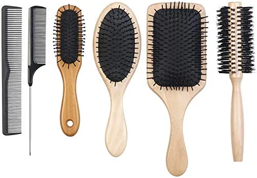 Sichler Beauty Haarbürste: 6er-Haarpflege-Set: 3 antistatische Holzbürsten, 1 Rundbürste, 2 Kämme (antistatische Haarbürste, Haarbürsten Set, Massage)