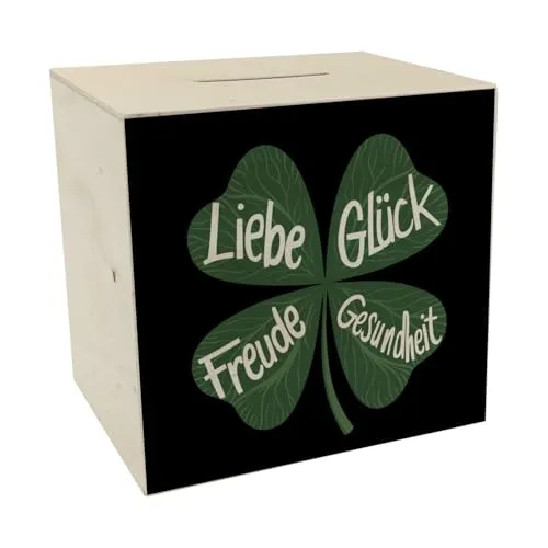 Kleeblatt Spardose aus Holz mit Guten Wünschen Lustiges Sparschwein für Glücksmomente schöner Spruch Motivation Schule Arbeit