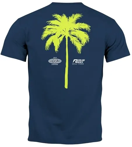 Neverless® Herren T-Shirt mit Palmen-Print Baumwollstoff und Grafik Aufdruck Sommer Fashion Streetstyle Navy-gelb L