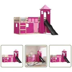 The Living Store Etagenbett mit Rutsche und Gardinen Rosa 80x200 cm