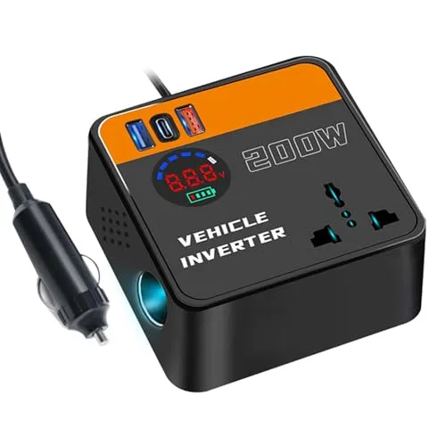 200W Wechselrichter für Fahrzeuge - Kompakter 200W Auto-Wechselrichter mit 2 USB-Anschlüssen und LCD-Anzeige, perfekt zum schnellen Laden von Handys, Laptops und anderen Geräten unterwegs.
