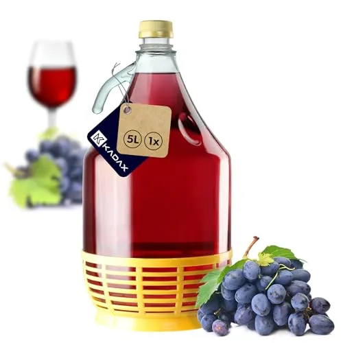 KADAX Weinballon 5L, Glasballon für Wein, schmale Öffnung, Gärballon, Gallone, Gärbehälter, Flasche, Glasflasche, Glasgärballon, Gäreimer, Ballon mit Korb aus Kunststoff (Schraubverschlüss)
