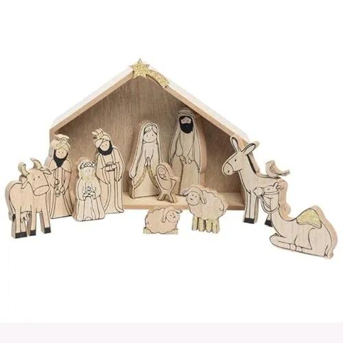 13-tlg. Set Weihnachtskrippe aus Holz mit Figuren - 25 x 19 x 6 cm (L/B/T) Krippe aus Holz - Tischkrippe zum Bemalen Krippefiguren aus Holz - Krippe zum Bemalen Holzkrippe Weihnachten Krippenfiguren