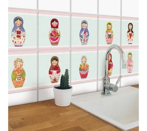 K&L Wall Art Fliesenaufkleber Klebefliese Set selbstklebend Matroschka Leffler Retro Kinder