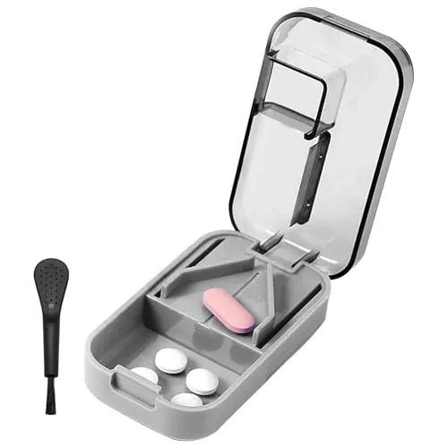 WOLMIK Tablettenteiler - Tragbarer Pillenschneider mit Aufbewahrungsfach - Hochwertiger Tablettenteiler aus ABS und Edelstahlklingen, ideal für präzises Schneiden von Pillen. Praktisch für unterwegs und schützt Ihre Medikamente mit einem stilvollen Design.