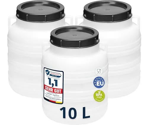 Garronda Set 5x 10 Liter Weithalsfass - BPA-frei Futtertonne - Set aus 5 BPA-freien 10L Fässern, ideal für Lebensmittel, Garten oder Werkstatt. Mit weitem Hals für einfaches Befüllen und Reinigen, robust und vielseitig einsetzbar.