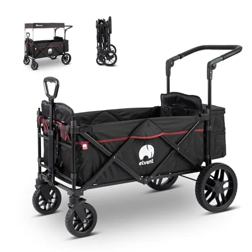 elvent® SmartCruiser Premium Bollerwagen - Handwagen faltbar mit Dach I Sitzpolster, Hecktasche, Feststellbremse, Off-Road-Reifen, 5-Punkt-Gurt I für 2 Kinder | Teleskop-Zugstange (Schwarz)